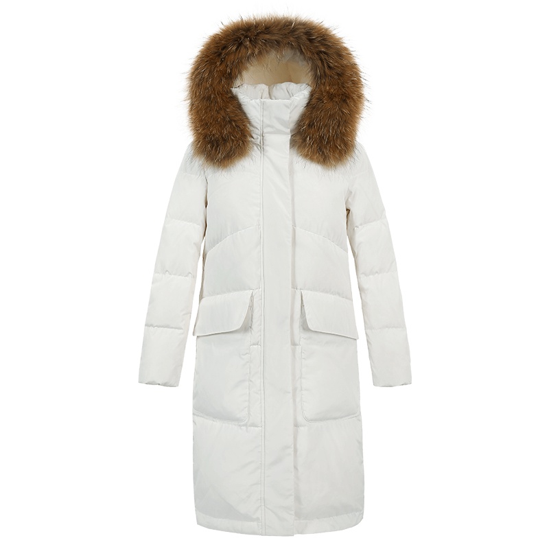 高梵（GOLDFARM）秋冬时尚大毛领白色羽绒服女中长款加厚连帽韩版外套