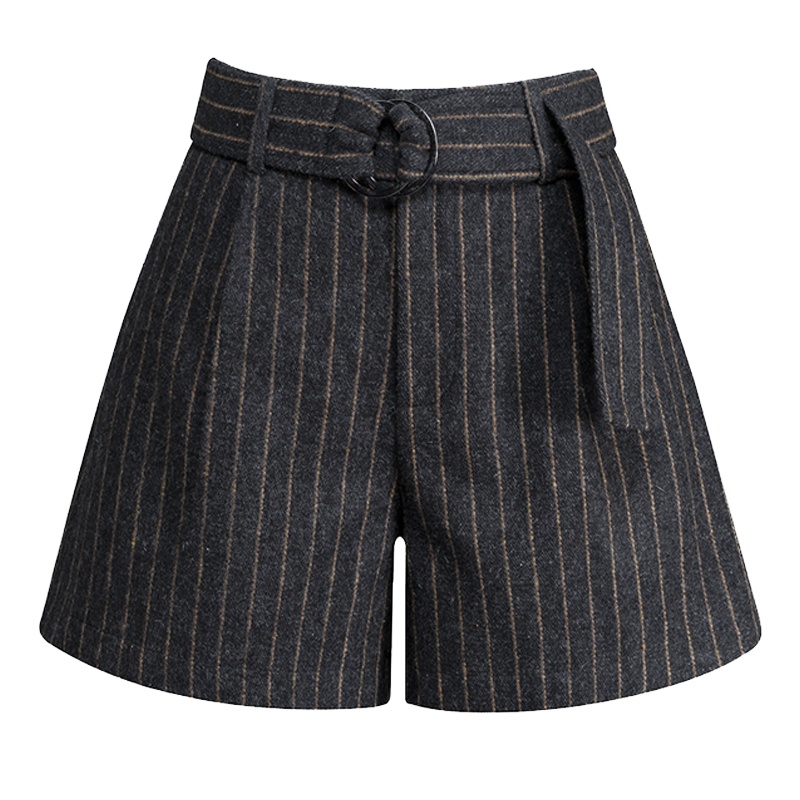 丝柏舍春装女2019新款收腰系带条纹韩版毛呢休闲式短裤S84R1204K