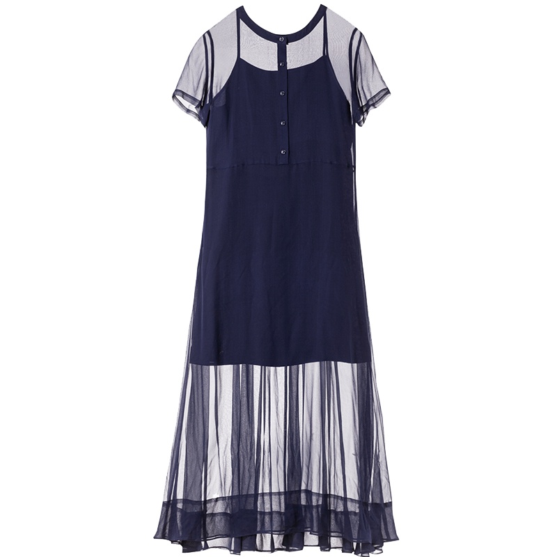 茵曼2019夏装新款吊带内搭圆领长款纱裙显瘦真丝两件套连衣裙女