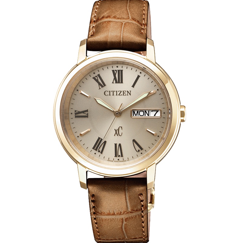 西铁城(CITIZEN)光动能玫瑰金皮带罗马字符商务休闲时尚女表EW2423-01PB