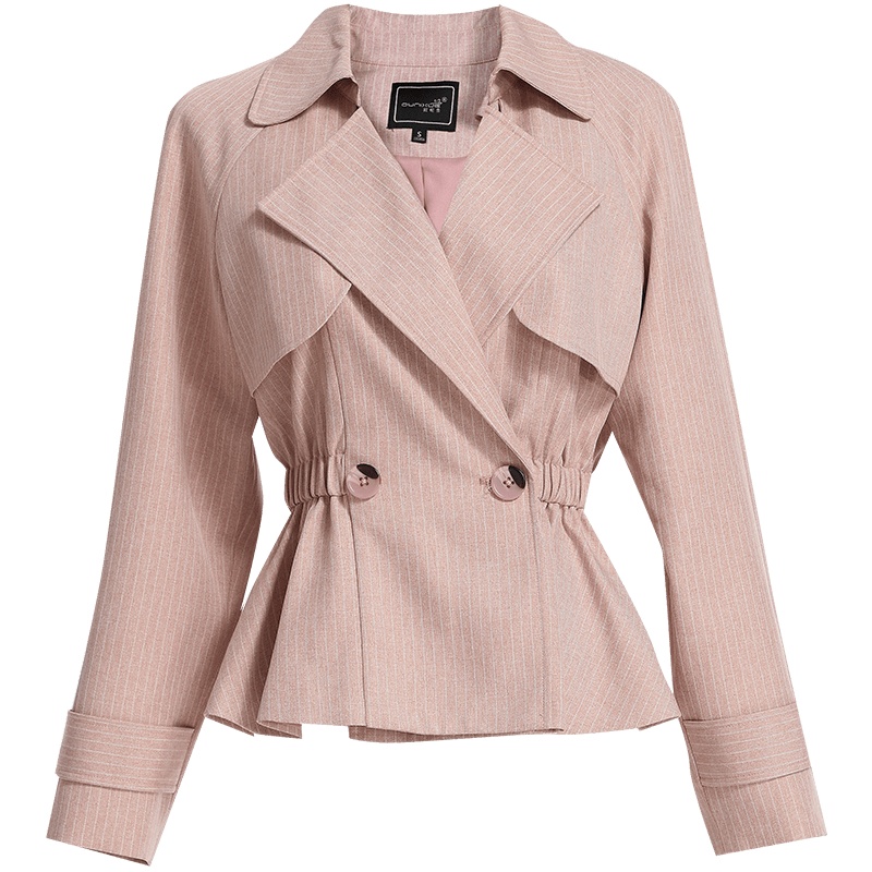 欧昵雪小个子翻领收腰条纹荷叶边短款风衣外套女长袖