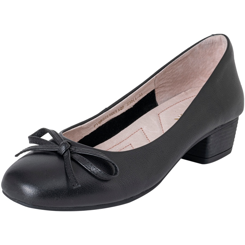 百田森2020商场同款单鞋女时尚蝴蝶结真皮女鞋粗跟舒适休闲鞋