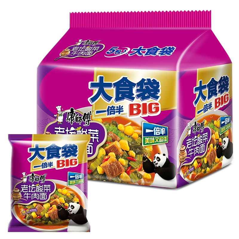 康师傅大食袋酸菜牛肉面160g*5