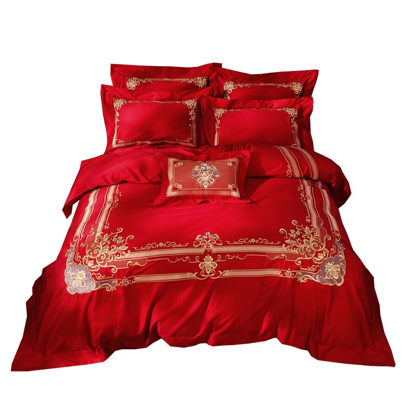 5200家纺 60支纯棉贡缎绣花婚庆四件套五尺/六尺