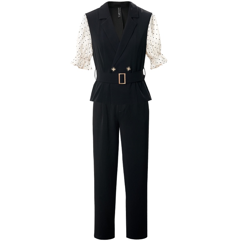 欧昵雪夏装职业V领短袖收腰上衣女高腰显瘦哈伦裤两件套