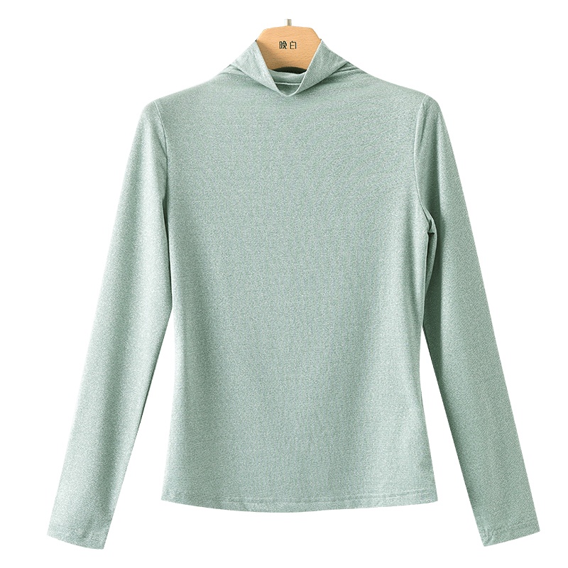 晚白2020秋季新品简约通勤百搭立领长袖修身打底衫T恤衫蕾丝衫女