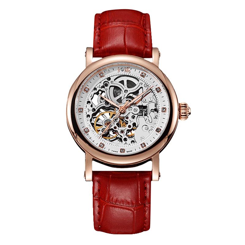 上海(SHANGHAI)手表全自动机械机芯女表626潮流时尚女表全镂空镶钻休闲皮带正品机械表