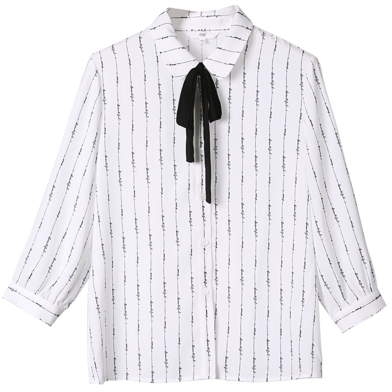OSA欧莎2019春装新款韩版设计感小众条纹印花七分袖雪纺衬衫女