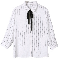 OSA欧莎2019春装新款韩版设计感小众条纹印花七分袖雪纺衬衫女