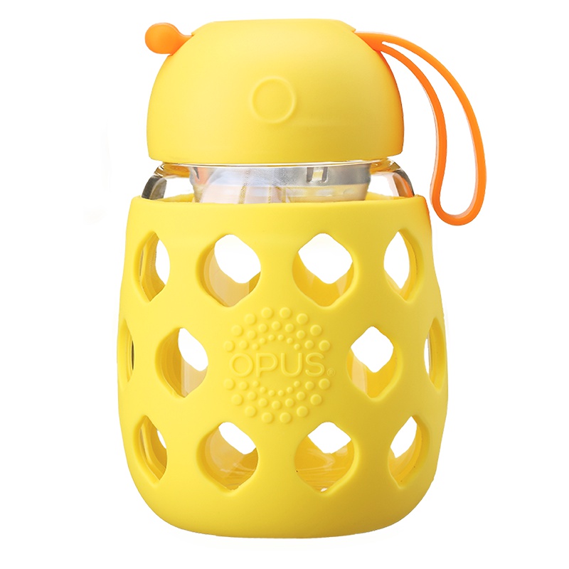 opus硅胶洞洞玻璃杯女便携水杯简约清新创意带茶漏茶水分离泡花茶杯可爱小杯子 340ML 柠檬黄 茶隔款