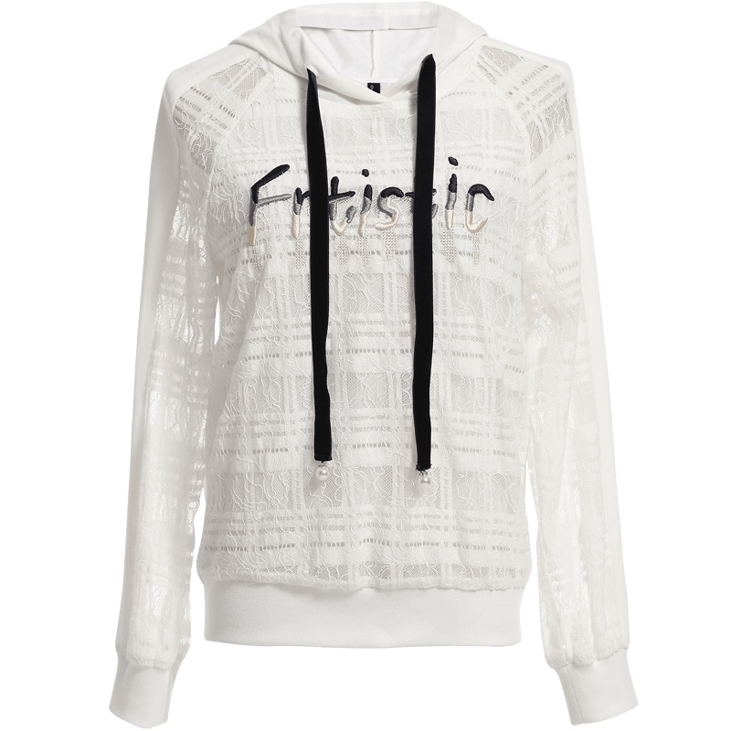 欧昵雪秋季休闲连帽字母绣花蕾丝短款卫衣女白色套头上衣