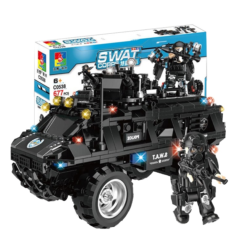 沃马儿童玩具特警系列积木二合一变形黑龙号防爆装甲车C0538