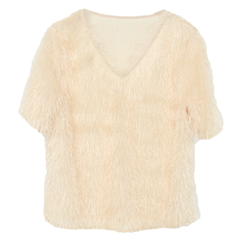 ENJOY'ME女装2020春季新品V领仙气羽毛流苏短袖T恤