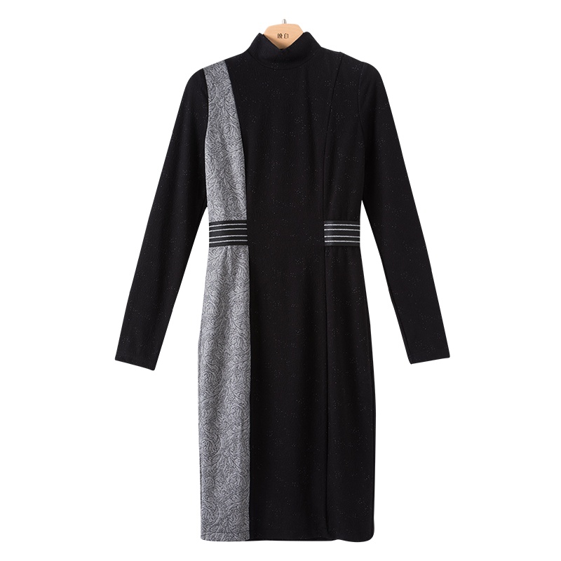 晚白2020冬季新品通勤职业立领长袖修身显瘦拼色包臀打底连衣裙女