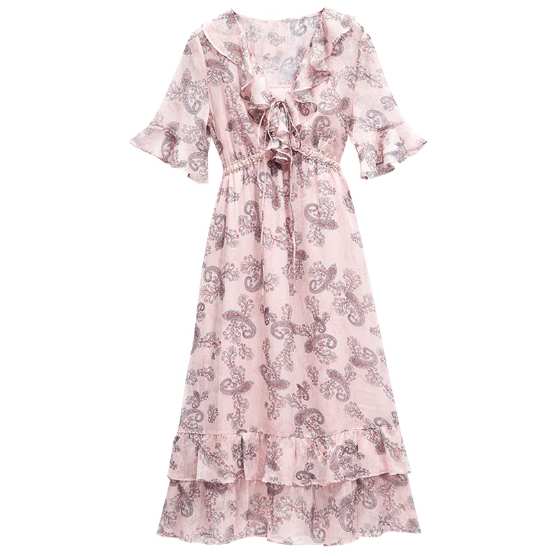 马克华菲女装2019波西米亚印花大摆连衣裙修身显瘦V领雪纺长裙