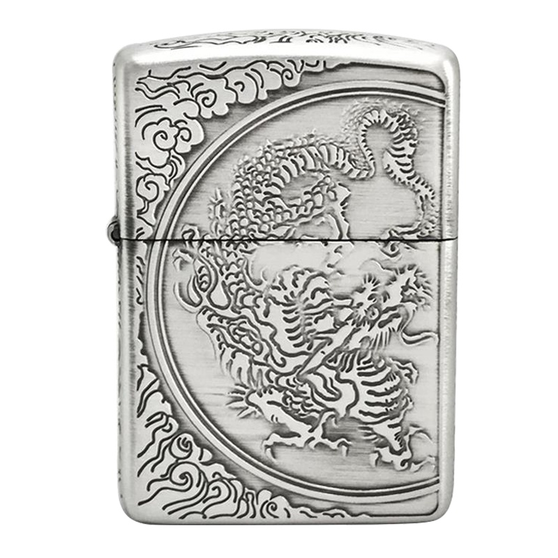 zippo打火机正版 盔甲机五面雕刻祥云盘龙黑银 zppo煤油原装正品