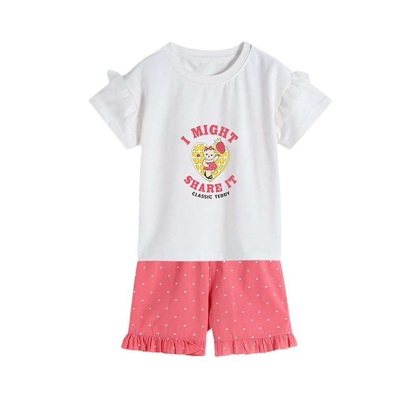 精典泰迪女童短袖套装夏季新款儿童花边袖波点短袖短裤两件套