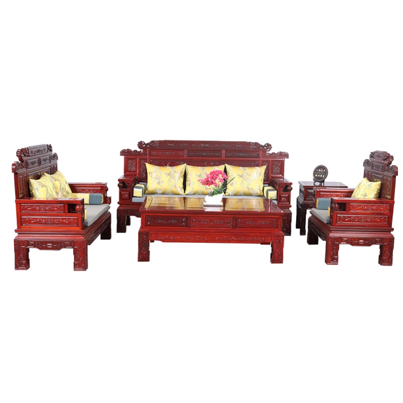 金明豪红化梨中式雕刻实木沙发别墅大平层客厅组合实木沙发现代中式组合沙发茶几边几组合1+2+3组合沙发