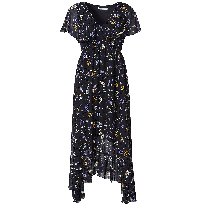 LIEDOW/蕾朵高腰雪纺连衣裙2019夏季新款v领时尚泡泡袖印花中长裙