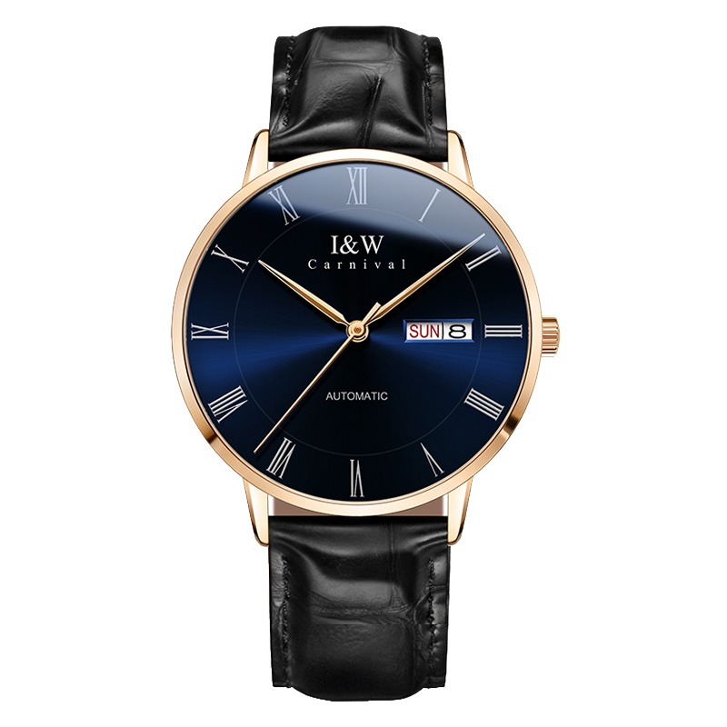 瑞士爱沃驰(I&W)男士手表 自动机械表男 经典系列轻奢超薄镂空防水双日历玫金壳腕表