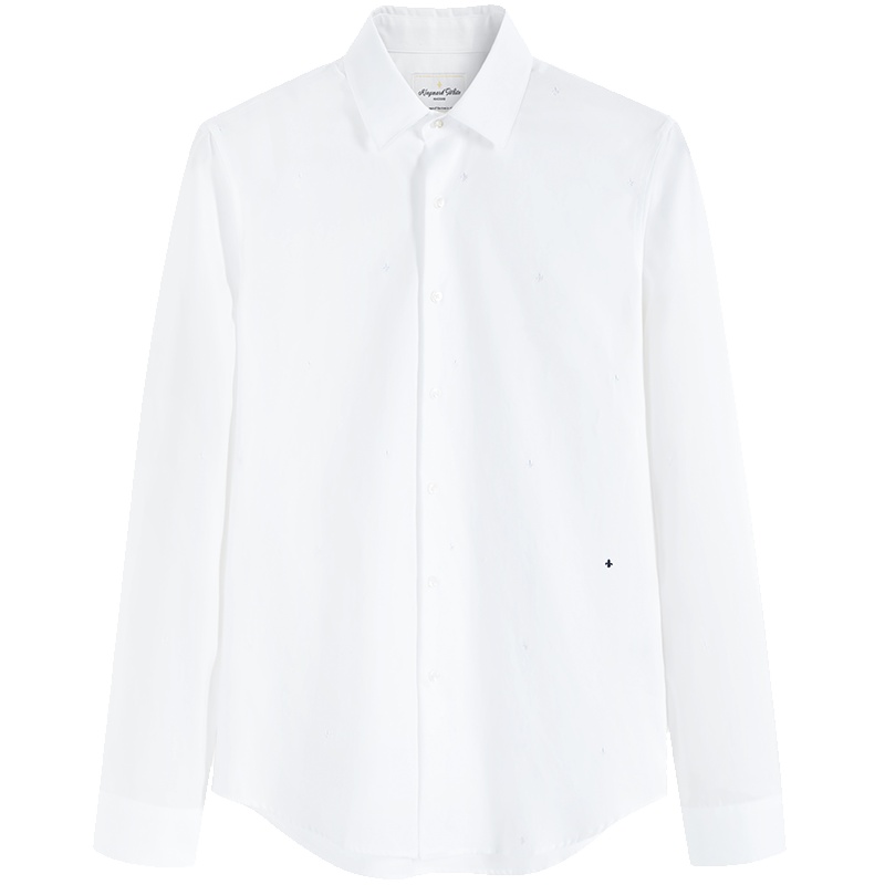 太平鸟男装 2019秋季新款男士潮流白色刺绣衬衫休闲韩版翻领衬#