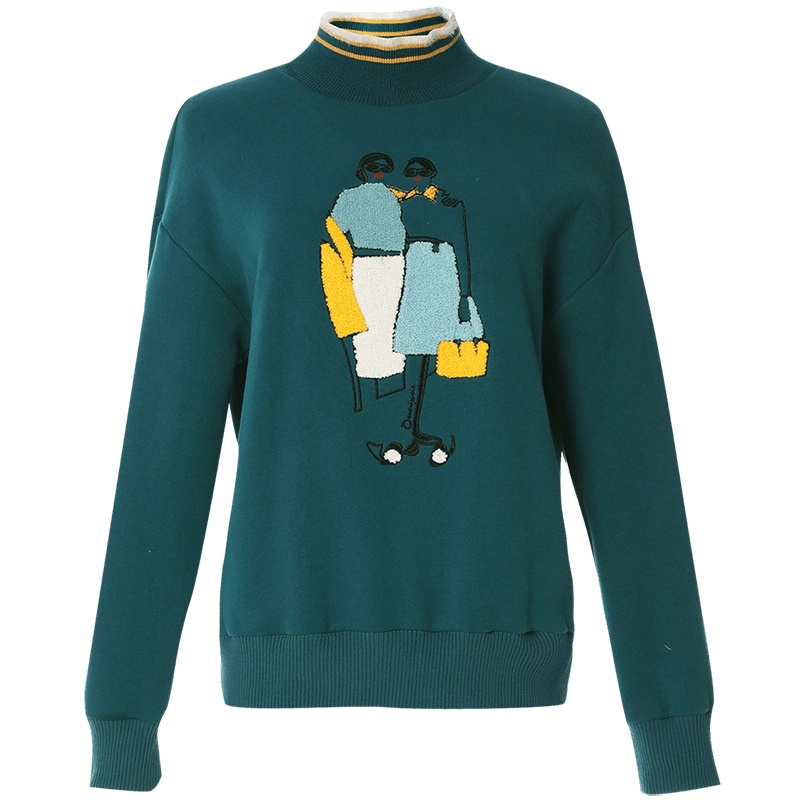 欧昵雪秋冬季撞色半高领人像绣花抓绒卫衣女宽松显瘦上衣