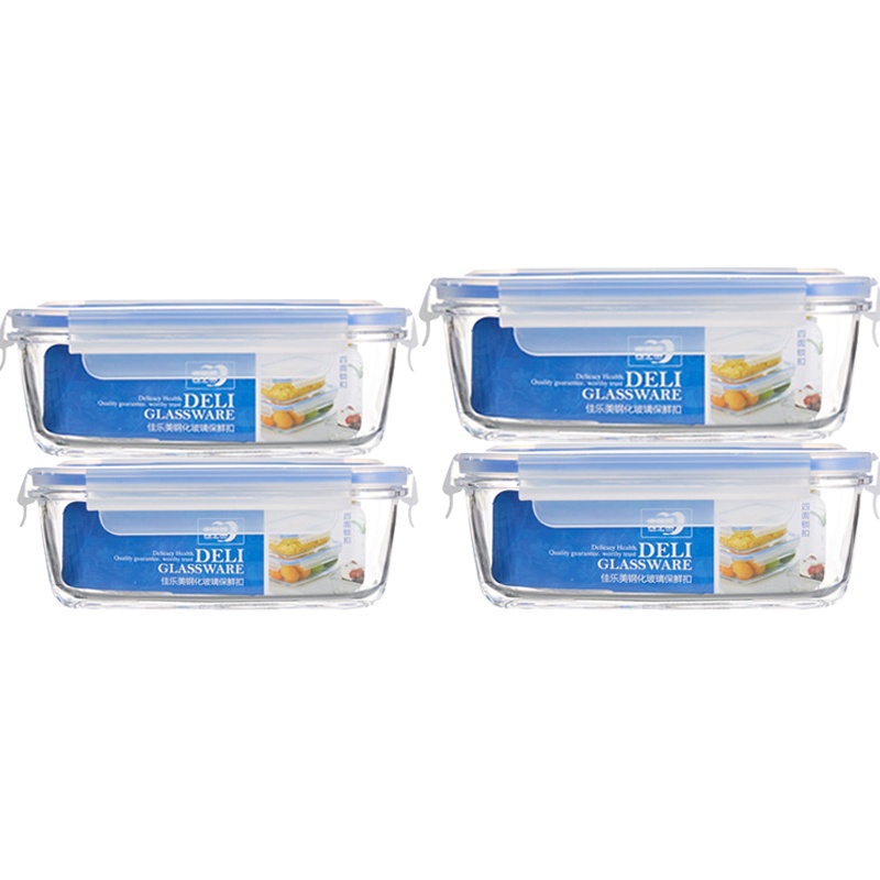 青苹果玻璃保鲜盒长方形大容量便当盒微波炉加热饭盒玻璃碗套装四件套EP02-4-3