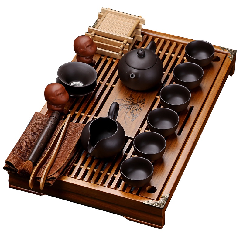 紫砂陶瓷功夫茶具套装家用茶杯简约办公木小茶盘阿斯卡利抽屉式茶台整套年年有余+汝窑如意
