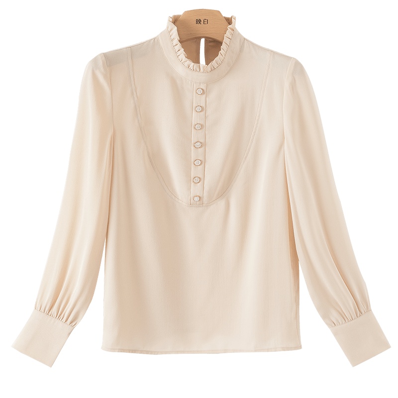 晚白2020秋季新品通勤纯色木耳边荷叶领长袖常规款套头衬衫衬衣女