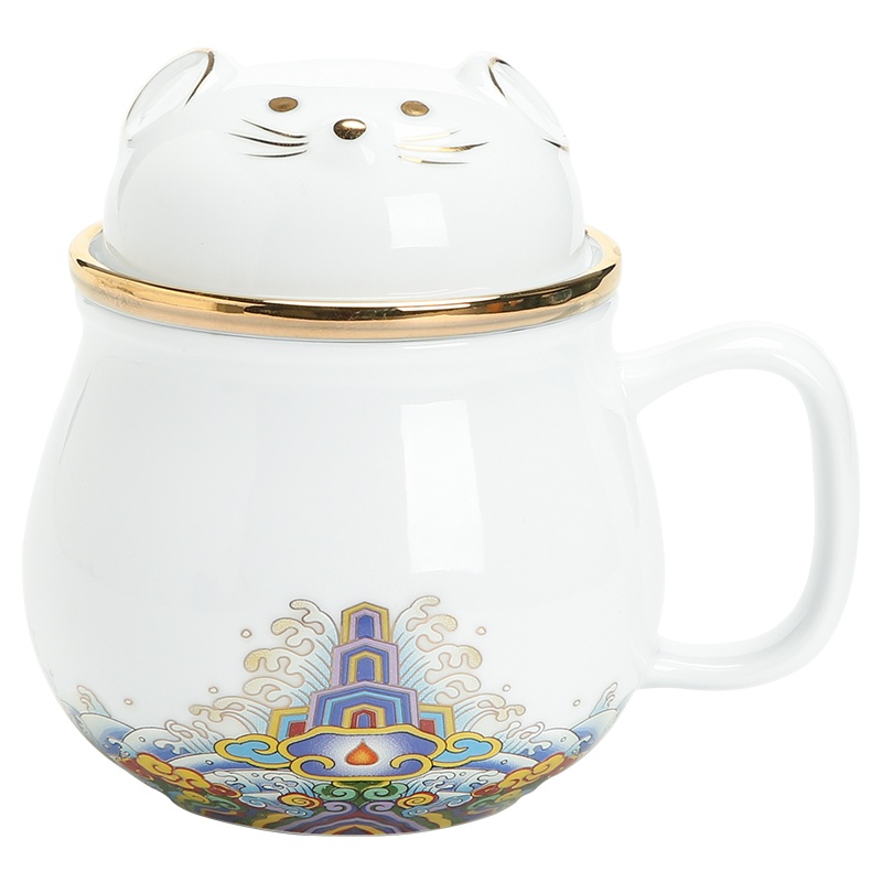 苏氏陶瓷(SUSHI CERAMICS)茶格盖杯彩画招财猫过滤水杯办公茶杯(光洁白款)