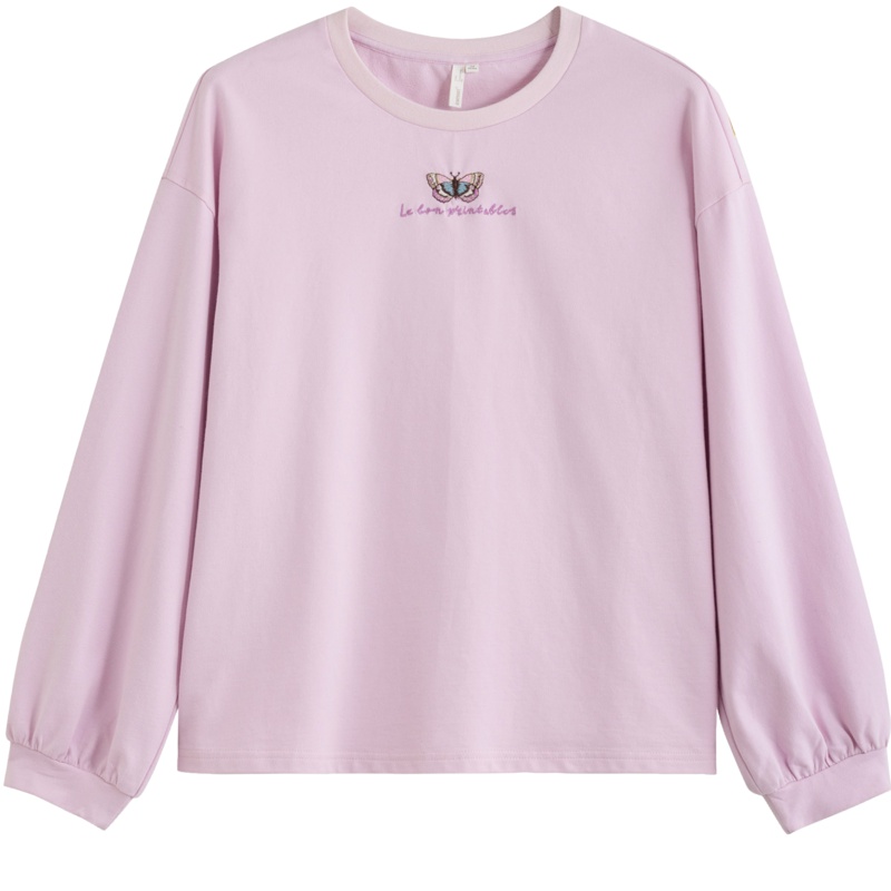 茵曼T恤女2019秋季新款圆领落肩袖可爱蝴蝶绣花粉色少女文艺上衣