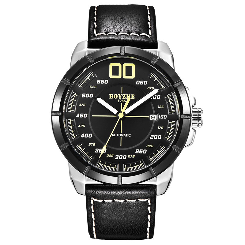 正品博雅哲/BOYZHE品牌皮带表带全自动机械表真皮日历手表斗音款瑞士风格男士运动手表