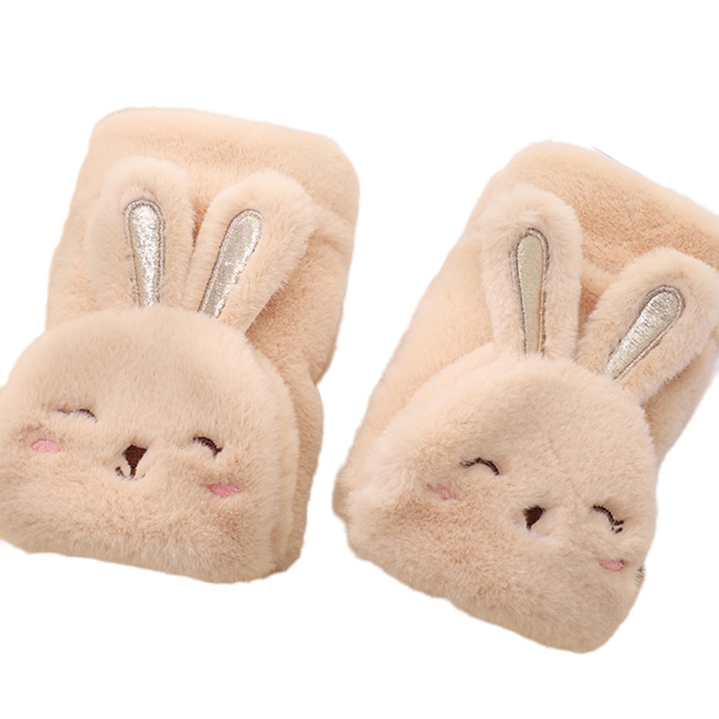 南极人手套女冬季可爱卡通加绒半指冬天时尚学生翻盖写字办公室小兔子手套N2E9X970752 米色