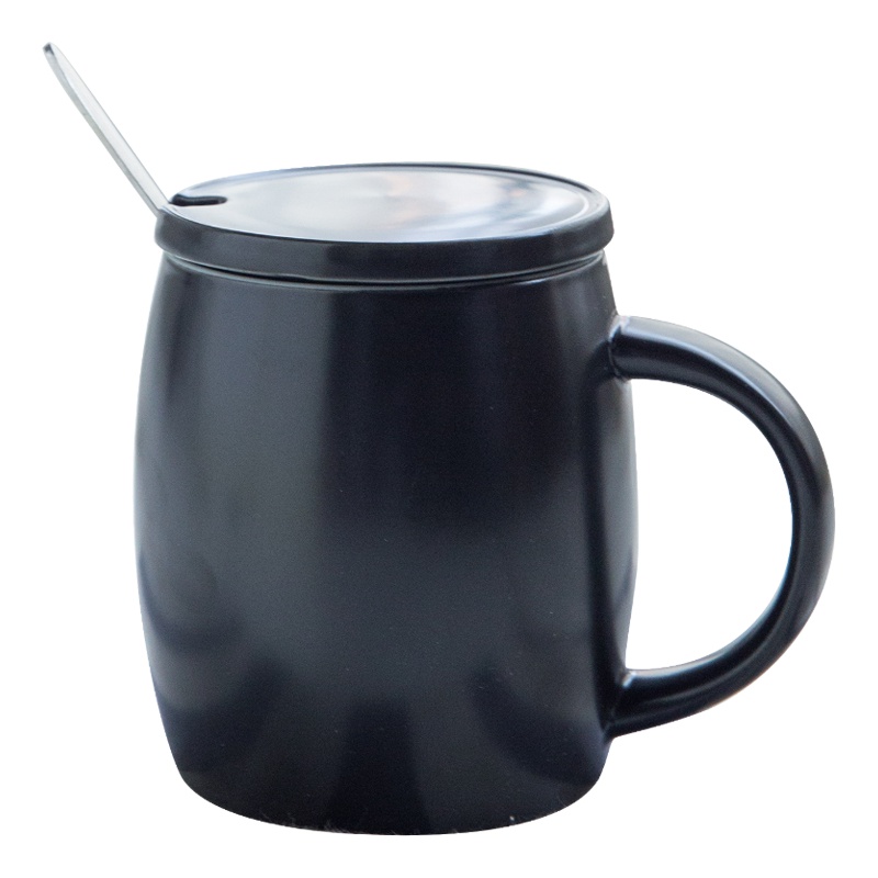 瓷魂 创意礼品陶瓷马克杯情侣咖啡杯牛奶杯带盖带勺办公杯水杯子 酒桶杯亚光黑