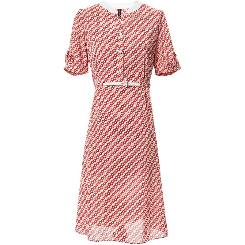 欧昵雪可拆卸皮带夏复古气质几何印花收腰显瘦短袖连衣裙