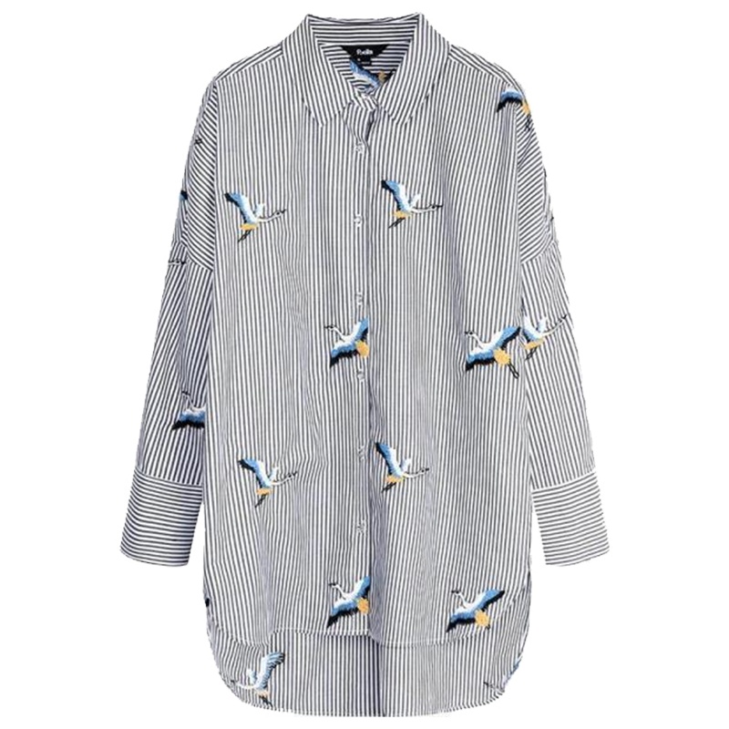 【热卖】竖条纹衬衫女设计感小众春装新款韩版学生港味宽松中长款衬衣外套20011639