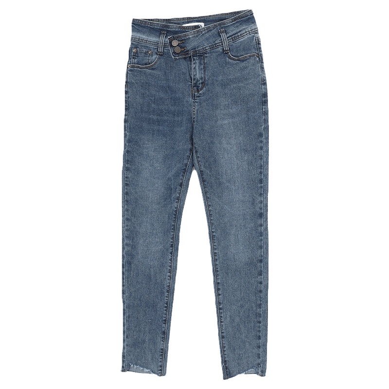 ENJOY'ME牛仔小脚裤20女装春季新品高腰两粒扣裤脚不规则