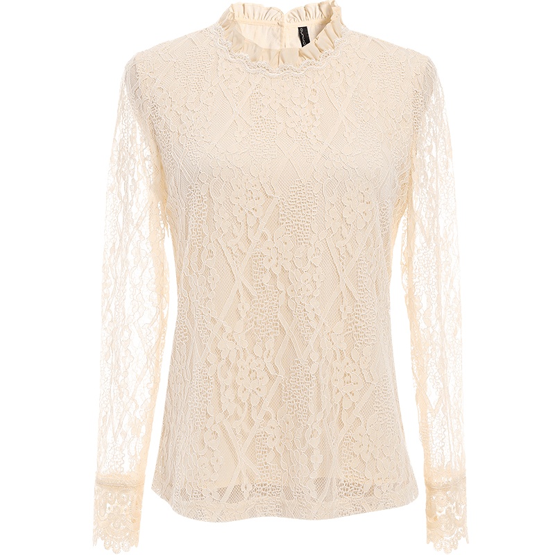 欧昵雪木耳边雪纺立领拼接镂空长袖显瘦蕾丝衫女上衣