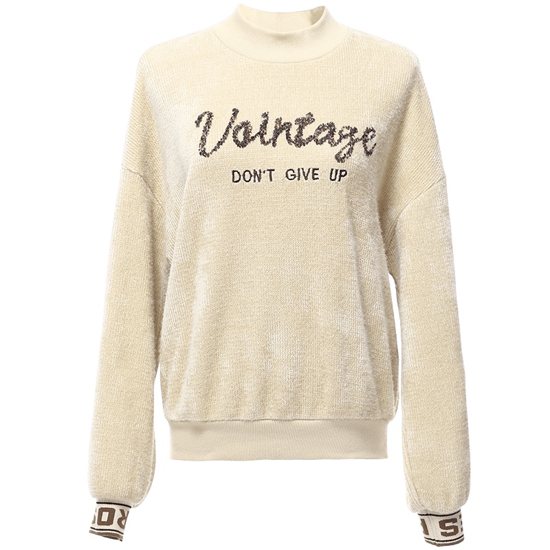 欧昵雪秋冬季亮片字母绣花毛毛加厚半高领宽松卫衣女长袖