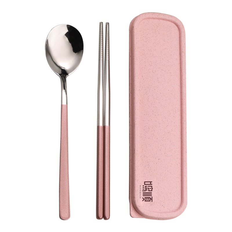 鸣順(Mingshun)304不锈钢便携餐具韩式学生可爱筷子勺子套装两件装家用便携筷盒 粉色