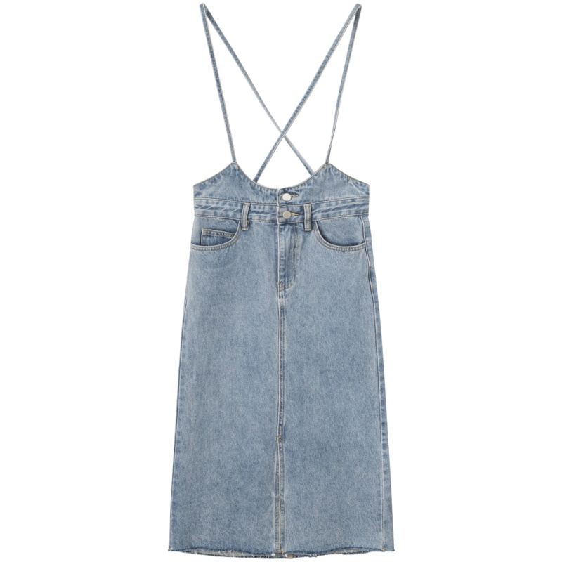 OtherMix牛仔背带半身裙女2021年夏秋新款高腰开叉薄款a字裙子潮