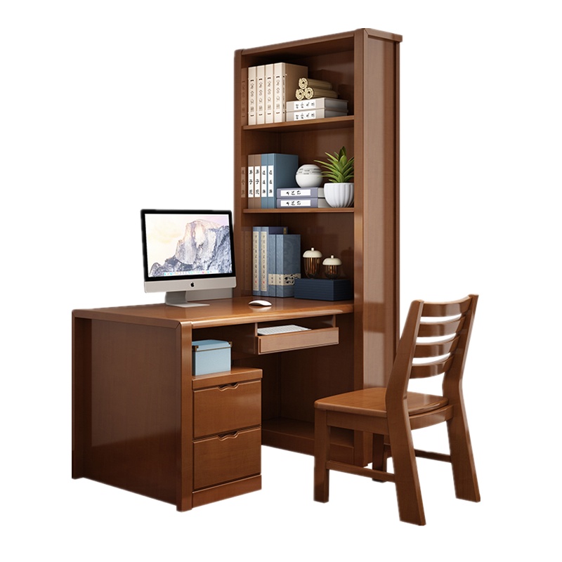 青木川 实木书桌书柜一体小户型 转角台式电脑桌家用带书架组合 拐角学习写字台写字桌子 卧室简约现代中式
