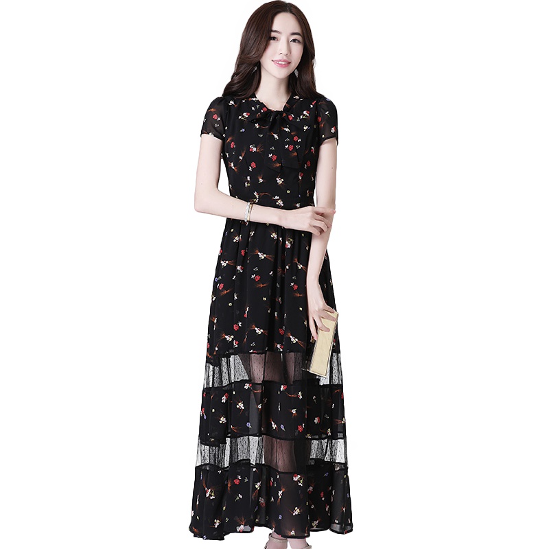 丝柏舍2019女夏印花短袖系带领收腰修身长款连衣裙S82R0354L