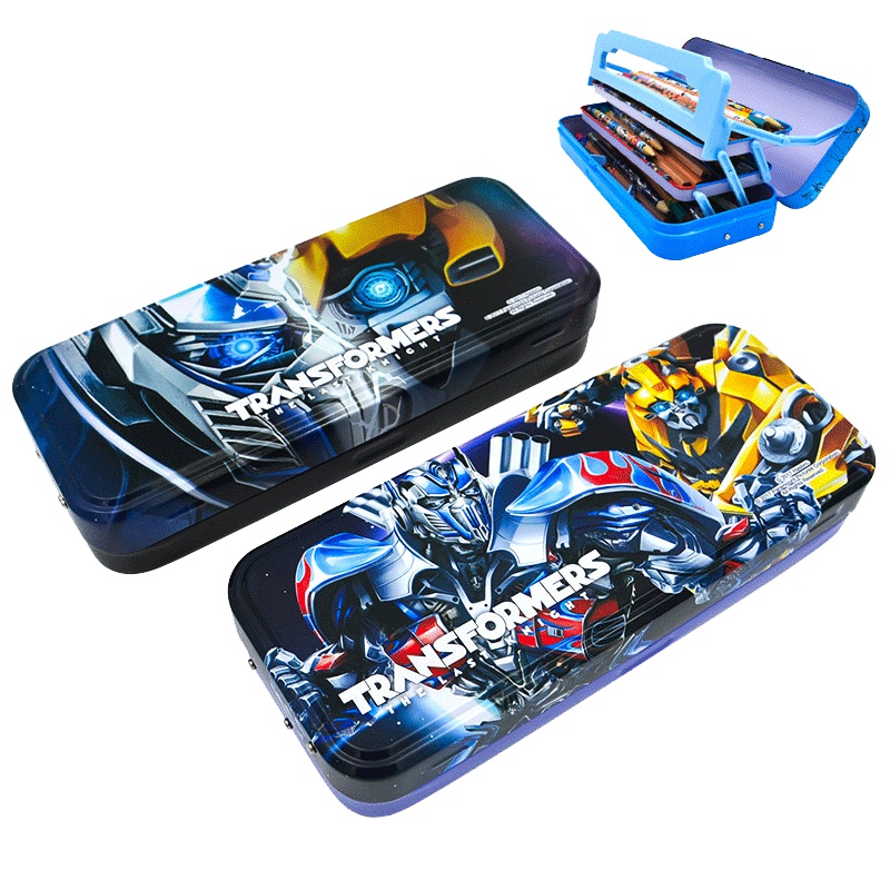 迪士尼三层大容量铁笔盒男孩多功能带书架笔盒 小学生笔盒儿童铅笔盒马口铁文具盒学习用品奖品生日礼物 变形金刚黑（图案随机）