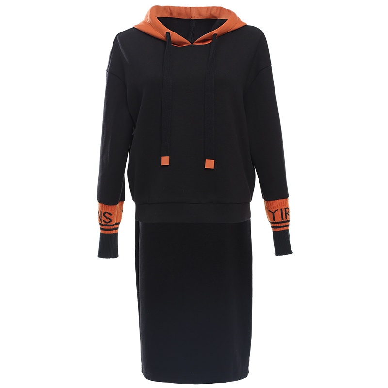 欧昵雪减龄休闲连帽宽松卫衣女高腰一步包臀裙两件套