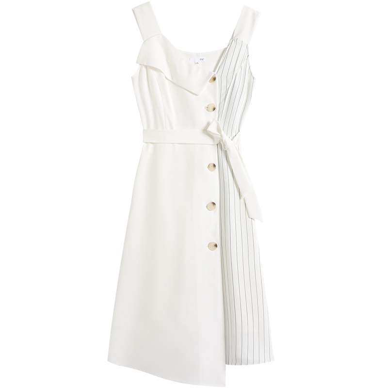 OSA欧莎白色吊带连衣裙女2019新款夏不规则过膝裙子气质收腰