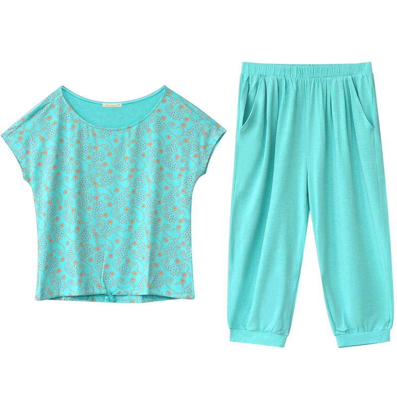 爱帝夏季女士佩斯利短袖短裤睡衣女莫代尔舒适家居服套装