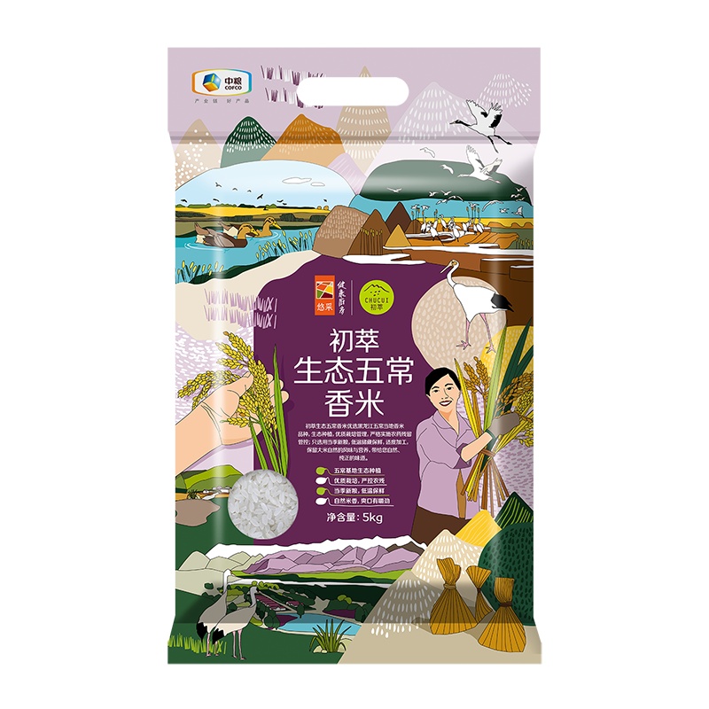 中粮 初萃(CHUCUI)生态五常香米5kg 东北大米10斤 一级粳米 生态五常大米 袋装长粒米