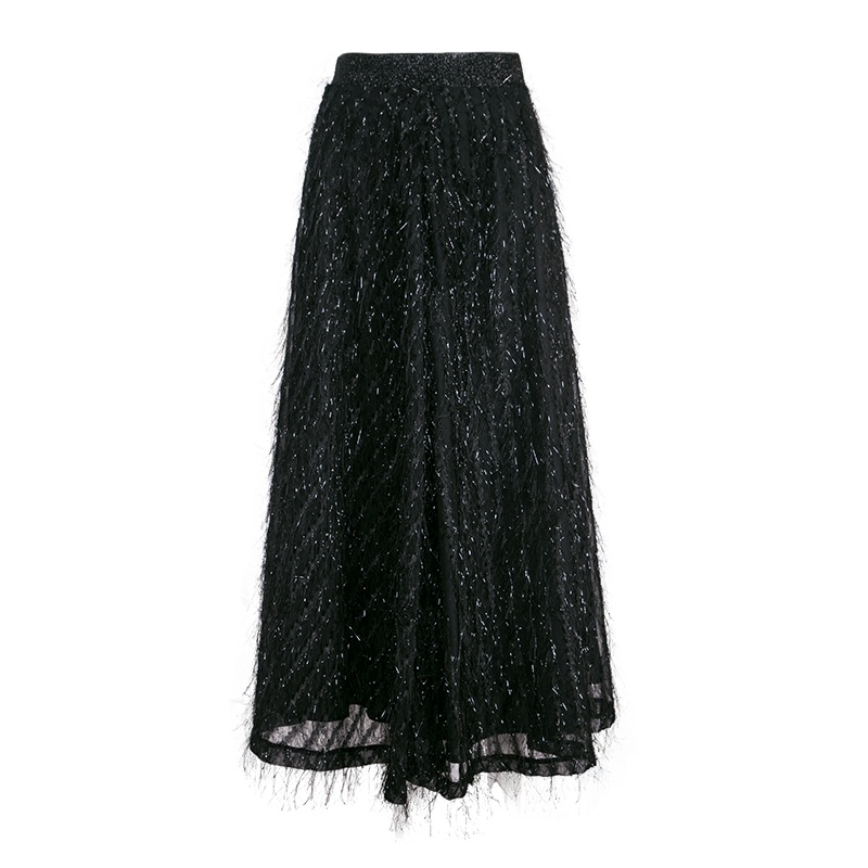 晚白 新品纯色通勤高腰长款大摆收腰流苏A字半身裙