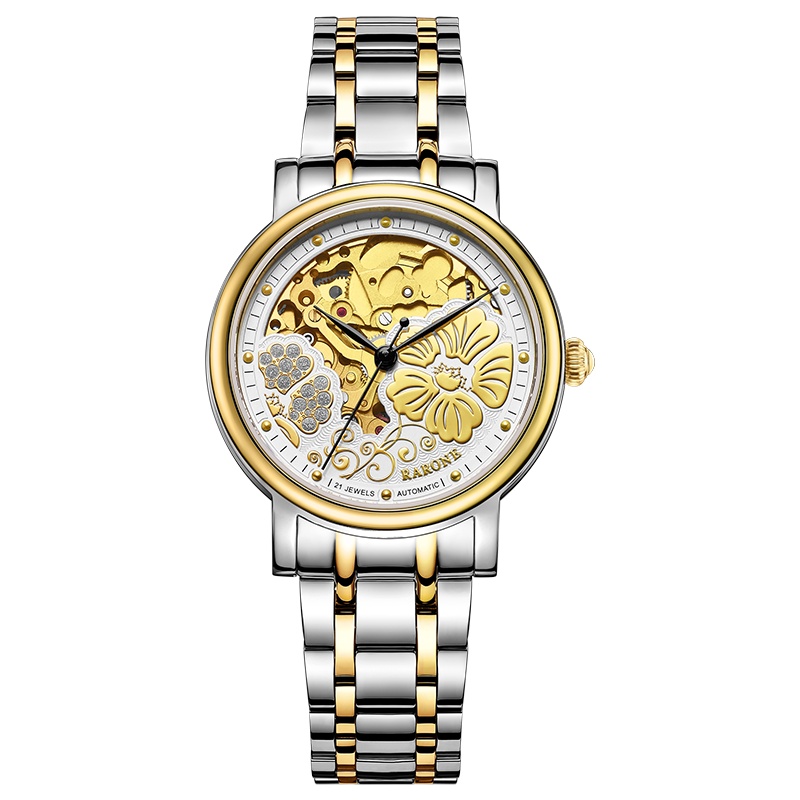 雷诺RARONE 夜色系列蔷薇花钢带女表复古经典防水自动机械表女士手表886088